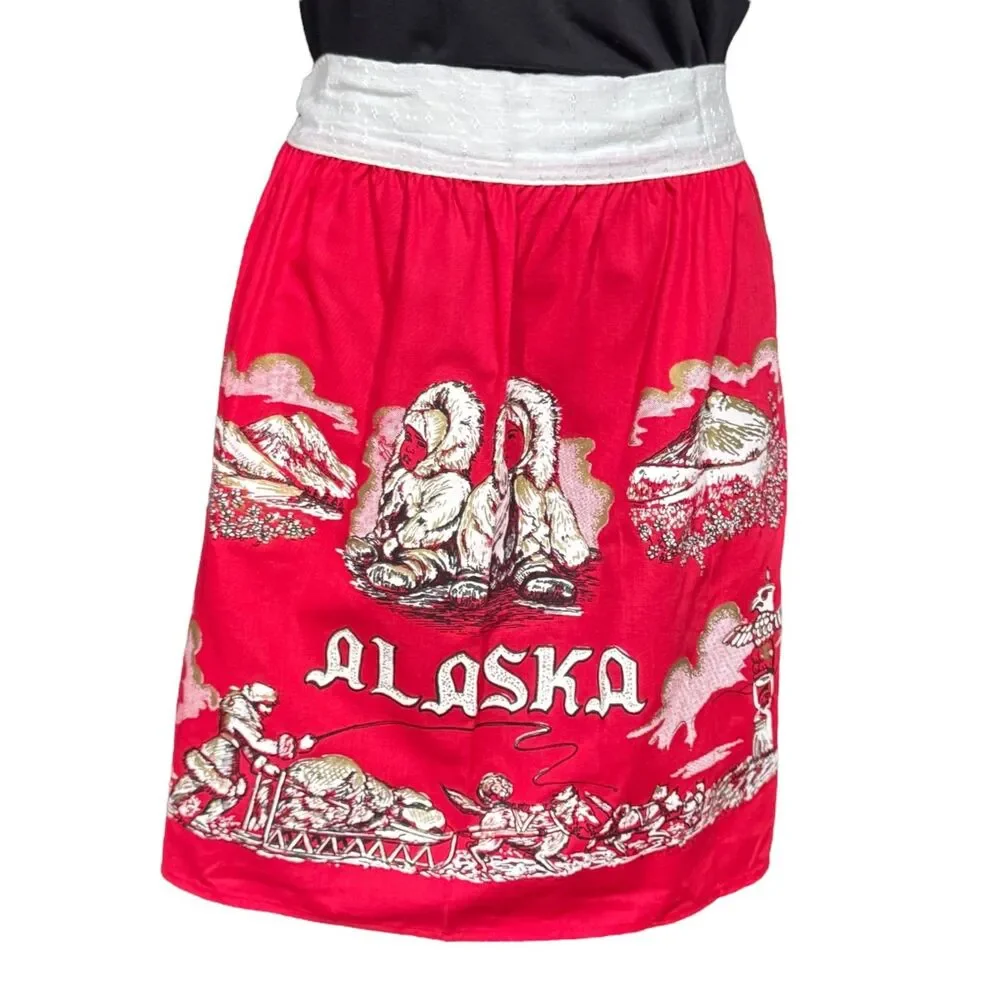 Vintage Alaska Souvenir Scenic Half Apron Kitschy Farmhouse Never Used Retro Red